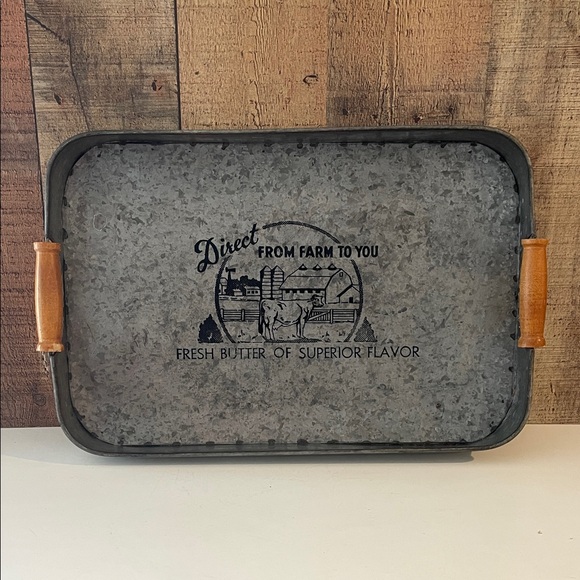Rustic Farmhouse Galvanized Metal Serving Tray with Wooden Handles - Picture 1 of 1